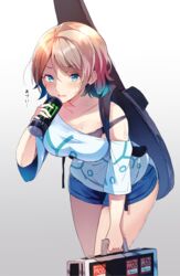  bad_id bad_pixiv_id blue_eyes breasts brown_hair can cleavage energy_drink female guitar_case instrument_case large_breasts love_live! love_live!_sunshine!! monster_energy short_hair solo sweat translated ultone_(neisiss) watanabe_you 