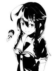  ahoge braid commentary_request female greyscale hair_between_eyes hair_flaps hair_ornament hair_over_shoulder hair_ribbon hayashi_ekyuu kantai_collection looking_at_viewer monochrome neckerchief pokemon pokemon_(creature) poliwag ribbon school_uniform serafuku shigure_(kancolle) shigure_kai_ni_(kancolle) single_braid smile 