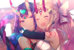  2girls :d ^_^ bare_shoulders blonde_hair chinese_clothes closed_eyes commentary_request crop_top dudou facial_mark fate/grand_order fate_(series) forehead_mark gradient_hair headpiece horns hug ibaraki_douji_(fate) ibaraki_douji_(swimsuit_lancer)_(fate) ibaraki_douji_(swimsuit_lancer)_(third_ascension)_(fate) japanese_clothes long_hair multicolored_hair multiple_girls oerba_yun_fang oni open_mouth pink_hair pointy_ears purple_eyes purple_hair short_hair shuten_douji_(fate) shuten_douji_(halloween_caster)_(fate) skin-covered_horns smile takana_(kurubushisan) twintails 