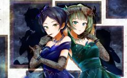  2girls bare_shoulders biting black_hair blue_dress bracelet commentary_request dress earrings feather_hair_ornament feathers finger_biting fishnet_fabric fishnet_gloves fishnets gloves green_dress green_eyes hair_ornament hand_up hayami_kanade highres idolmaster idolmaster_cinderella_girls idolmaster_cinderella_girls_starlight_stage jewelry looking_at_viewer medium_hair multiple_girls mysterious_eyes_(idolmaster) necklace oka_paya pretty_liar_(idolmaster) shadow short_hair sparkle takagaki_kaede upper_body yellow_eyes 