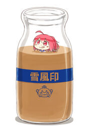  :d ahoge bad_id bad_pixiv_id blush_stickers bottle cameo chibi coffee_milk commentary_request female hair_ornament hinata_yuu i-168_(kancolle) kantai_collection long_hair milk milk_bottle mini_person minigirl open_mouth partially_submerged photoshop_(medium) ponytail red_eyes red_hair school_uniform serafuku short_hair smile translated yukikaze_(kancolle) 