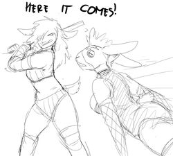  anthro big_breasts black_and_white bovid breasts caprine cleavage clothed clothing dialogue english_text female fight hi_res hladilnik imminent_pain jane_doe_(hladilnik) lagomorph leporid mammal metal_chair monochrome pro_bun_(hladilnik) rabbit text wrestling wrestling_match 