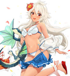  :d ahoge bad_id bad_pixiv_id bare_shoulders bikini blue_skirt blush breasts cleavage clothes_pull dark-skinned_female dark_skin dragon female flower granblue_fantasy hair_between_eyes hair_flower hair_ornament hibiscus highres jacket long_hair looking_at_viewer medium_breasts navel off_shoulder official_alternate_costume open_mouth photoshop_(medium) red_eyes red_flower sandals side-tie_bikini_bottom simple_background skirt skirt_pull smile solo swimsuit teeth upper_teeth_only very_long_hair wenquangua white_background white_bikini white_hair zooey_(granblue_fantasy) zooey_(summer)_(granblue_fantasy) 