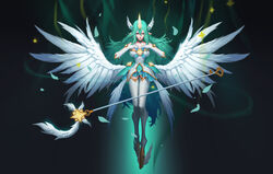  animal_ears breast_hold dress horns league_of_legends pointy_ears soraka tagme thighhighs weapon wings 