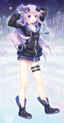  adult_neptune arm_behind_head book boots breasts choker commentary_request d-pad d-pad_hair_ornament female full_body hair_ornament hairclip hands_up highres hood hooded_jacket jacket korean_commentary long_hair looking_at_viewer medium_breasts narinn neptune_(series) purple_eyes purple_hair shin_jigen_game_neptune_vii smile solo thigh_strap 