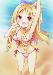  :d absurdres arm_up armpits ball bare_arms bare_legs bare_shoulders beach beachball bikini blonde_hair blush bow breasts brown_eyes collarbone commentary_request day drill_hair eromanga_sensei esureki female front-tie_bikini_top front-tie_top hairbow halterneck high_ponytail highres long_hair looking_at_viewer medium_breasts navel object_on_head ocean oerba_yun_fang open_mouth outdoors pink_bow side-tie_bikini_bottom sidelocks smile solo standing striped_bikini striped_clothes swimsuit tareme transparent twin_drills v yamada_elf 