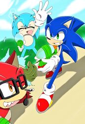  2017 anthro big_head black_nose canid canine canis classic_sonic classic_sonic_(universe) clothing custom_character_(sonic_forces) eulipotyphlan eyewear fur gadget_the_wolf glasses gloves group handwear hedgehog hi_res male mammal sega sharp_teeth simple_background sonic_forces sonic_the_hedgehog sonic_the_hedgehog_(series) sonicsky2337 teeth toony trio wolf 