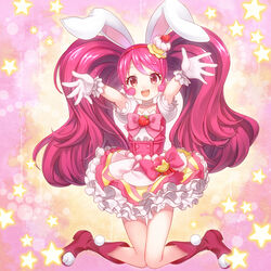  :d animal_ears boots buntan cake_hair_ornament commentary_request cure_whip extra_ears female food food-themed_hair_ornament frilled_skirt frills fruit gloves hair_ornament hairband highres kirakira_precure_a_la_mode kneeling long_hair looking_at_viewer magical_girl open_mouth outstretched_arms photoshop_(medium) pink_background pink_hair precure rabbit_ears red_eyes red_footwear red_hairband skirt smile solo star_(symbol) strawberry twintails usami_ichika white_gloves 