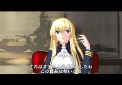  absurdres ace_combat ace_combat_zero ascot azur_lane blonde_hair blue_eyes braid commentary_request female highres kongou_(azur_lane) kongou_(battleship) letterboxed long_sleeves name_connection nanana1218 no_headwear object_namesake parody subtitled translation_request 