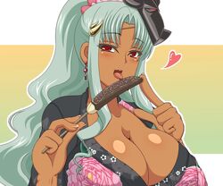  alternate_costume banana blush breasts chocolate_banana commentary_request daniella_(sennen_sensou_aigis) dark-skinned_female dark_skin earrings female floral_print food fruit hair_ornament heart japanese_clothes jewelry kano-0724 kimono large_breasts large_hands licking light_green_hair long_hair looking_at_viewer mask red_eyes sennen_sensou_aigis solo unworn_mask upper_body yukata 