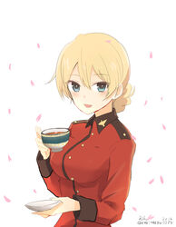  blonde_hair blue_eyes blush commentary_request cup darjeeling_(girls_und_panzer) female girls_und_panzer military military_uniform petals saucer smile solo st._gloriana&#039;s_military_uniform tea teacup uniform yukiyanagi_raki 