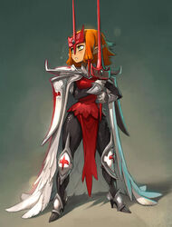  absurdres armor bodysuit cape commentary dress english_commentary female forehead_protector full_armor gauntlets green_eyes hair_tubes high_heels highres holding holding_weapon iop knee_pads krosmaga looking_afar medium_hair orange_hair paladin pauldrons pelvic_curtain red_dress solo sword weapon xavier_houssin 