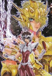  armor gold illustration leo_aiolia official_art okada_megumu pegasus_seiya saint_seiya saint_seiya_episode_g skinny thin thunder zodiac 