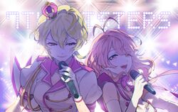  2girls bare_shoulders blonde_hair commentary_request elbow_gloves gj gloves microphone misonoo_mana multiple_girls pink_hair red_eyes tokyo_7th_sisters wakaouji_rui 