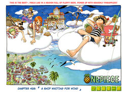  2006 2girls 5boys barefoot belt bird border boy city cloud clouds copyright_name cover cover_page female fishing fishing_pole fishing_rod floating flying food fruit girl hat lea lei male monkey_d_luffy multiple_boys multiple_girls nami nami_(one_piece) nico_robin ocean oda_eiichiro oda_eiichirou official_art one_piece palm_tree palm_trees pineapple pirate pirates pool reindeer roronoa_zoro sanji scenery seagull seagulls ship shirt shorts sky sky_island sleeping straw_hat striped striped_shirt stripes tony_tony_chopper topless town tree usopp 