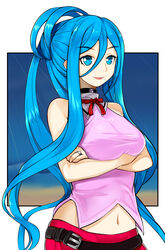  aoki_hagane_no_arpeggio blue_eyes blue_hair breast_hold breasts commentary_request crossed_arms female highres jewelry large_breasts lips lipstick long_hair makeup midriff mole mole_under_mouth navel ponytail ring smile solo sound_tamashi takao_(aoki_hagane_no_arpeggio) very_long_hair 