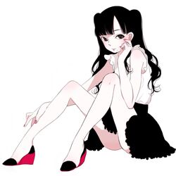  black_hair black_skirt commentary_request female full_body hello!_project high_heels long_hair looking_at_viewer michishige_sayumi mole mole_under_mouth morning_musume nail_polish partial_commentary pink_lips pink_nails real_life shirt shokugyo simple_background sitting skirt sleeveless sleeveless_shirt solo upskirt white_background white_shirt 