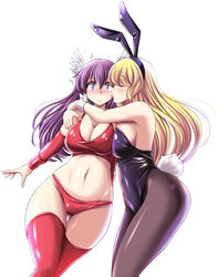  2girls animal_ears arm_warmers bikini blonde_hair breasts character_request cleavage closed_eyes commentary_request cowboy_shot head_wings hug kissing konami_lady konami_wai_wai_world large_breasts lipstick_mark lipstick_mark_on_face long_hair multiple_girls navel pantyhose photoshop_(medium) playboy_bunny purple_eyes purple_hair rabbit_ears rabbit_tail red_bikini red_legwear simple_background surprise_kiss surprised swimsuit tail thighhighs tonpuu white_background wide_hips wings wrist_cuffs yuri 