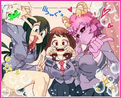  3girls ashido_mina asui_tsuyu black_sclera boku_no_hero_academia breasts brown_eyes brown_hair bubble colored_sclera colored_skin commentary double_v english_commentary eyelashes finger_to_mouth frog green_eyes green_hair highres horns large_breasts long_bangs long_hair long_tongue low-tied_long_hair mouth_pull multiple_girls necktie o3o open_mouth photo_booth photoshop_(medium) pink_hair pink_skin pointing pointing_at_viewer rtil school_uniform skirt smile sparkle spiked_hair star_(symbol) swept_bangs tongue tongue_out u.a._school_uniform uraraka_ochako v yellow_eyes 