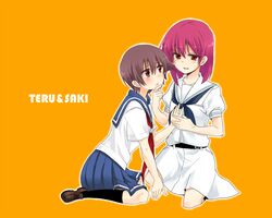  2girls blue_skirt blush brown_hair commentary_request kiyosumi_school_uniform kneehighs kusugaya miyanaga_saki miyanaga_teru multiple_girls purple_hair red_eyes saki_(manga) school_uniform serafuku shiraitodai_school_uniform short_hair skirt socks 