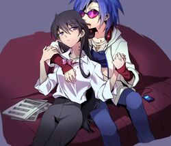  2girls bad_link bite_mark black_hair black_pants blood blood_on_face blue_hair blush couch digital_media_player headphones headphones_around_neck jacket jewelry long_hair long_sleeves multiple_girls my_little_pony my_little_pony:_friendship_is_magic necklace octavia_melody open_mouth pants personification purple_eyes rex_k shirt short_hair sitting sunglasses vampire vinyl_scratch white_shirt 