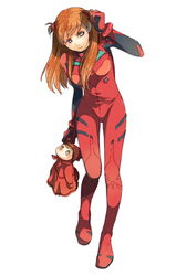  bad_id bad_pixiv_id blue_eyes bodysuit brown_hair doll evangelion:_2.0_you_can_(not)_advance female highres holding long_hair neon_genesis_evangelion plugsuit rebuild_of_evangelion shigatsuya simple_background solo souryuu_asuka_langley stuffed_toy 