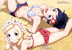  2girls :d absurdres asabuki_kogane ass bare_legs bare_shoulders belt bikini blonde_hair blue_eyes blue_hair blue_shorts blush body_blush breasts bubuki_buranki day frilled_bikini frills from_above groin hair_ornament head_rest highres kanno_chie kazuki_kaoruko kneepits knees_up leg_up looking_at_viewer lying magazine_scan megami_magazine multicolored_eyes multiple_girls navel official_art on_back on_stomach open_mouth outdoors polka_dot polka_dot_bikini red_belt red_bikini red_eyes sand scan short_shorts shorts shoulder_blades skindentation small_breasts smile star_(symbol) star_hair_ornament swimsuit tongue yellow_eyes 