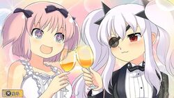  +_+ 2girls :3 alcohol anime_screenshot blood bow bowtie breasts crossdressing cup dekamori_senran_kagura dress drinking_glass eyepatch hibari_(senran_kagura) lapels large_breasts long_hair multiple_girls nosebleed official_art open_mouth pink_hair red_eyes reverse_trap senran_kagura shawl_lapels short_hair short_twintails shuriken smile tuxedo twintails v-shaped_eyebrows very_long_hair weapon white_dress white_hair wine wine_glass yaegashi_nan yagyu_(senran_kagura) 