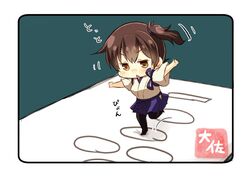  artist_name bad_id bad_twitter_id black_thighhighs blue_skirt brown_eyes brown_hair chibi commentary_request female hair_between_eyes hakama hakama_short_skirt hakama_skirt highres hopscotch japanese_clothes kaga_(kancolle) kantai_collection open_mouth short_hair side_ponytail skirt solo taisa_(kari) tasuki thighhighs triangle_mouth 