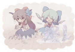  2girls blue_bow blue_hair bow card cirno commentary_request dress holding holding_card horns house_of_cards ibuki_suika ice ice_wings long_hair multiple_girls open_mouth oto photoshop_(medium) playing_card red_bow short_hair sweatdrop touhou wings 