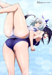  2girls :d absurdres ass ass-to-ass back-to-back bare_legs blue_hair blue_one-piece_swimsuit breasts competition_swimsuit hair_between_eyes highres kaminashi_nozomi katou_hatsue keijo!!!!!!!! kneepits legs lifting_person locked_arms looking_back magazine_scan medium_breasts megami_magazine miyata_sayaka multiple_girls non-web_source official_art one-piece_swimsuit open_mouth print_swimsuit scan smile swimsuit tongue white_hair white_one-piece_swimsuit 