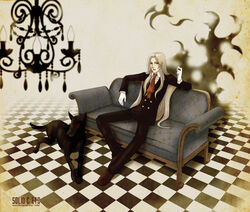  alucard alucard_(hellsing) blonde_hair canine cigar couch formal glasses gloves hellsing integra_hellsing sitting sofa solid&amp;etc suit 