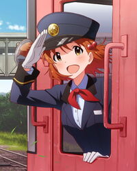  artist_request brown_hair female hair_ornament hat idolmaster idolmaster_million_live! official_art peaked_cap salute short_hair smile solo train train_attendant travel_attendant uniform yabuki_kana yellow_eyes 