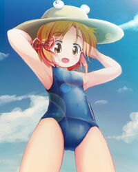  armpits arms_up bad_id bad_pixiv_id blonde_hair female from_below hair_ribbon hat looking_at_viewer mesou-san moriya_suwako one-piece_swimsuit open_mouth photoshop_(medium) ribbon school_swimsuit short_hair solo sunlight swimsuit touhou yellow_eyes 