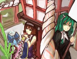  3girls bad_id blue_hair bow brown_eyes brown_hair cirno cosplay cross green_hair habit hair_ornament hair_tubes hairbow hakurei_reimu kannagi kochiya_sanae long_hair multiple_girls nagi_(kannagi) nagi_(kannagi)_(cosplay) nun panties_(pantsu-pirate) rope shimenawa short_hair shrine sign touhou wand yellow_eyes zange zange_(cosplay) 