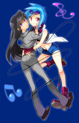  2girls bad_link beamed_eighth_notes black_hair blue_background blue_hair boots eyewear_on_head frown grin headphones headphones_around_neck highres hug jacket long_hair long_sleeves looking_at_viewer multiple_girls musical_note my_little_pony my_little_pony:_friendship_is_magic navel octavia_melody pants personification photoshop_(medium) pink_hair purple_eyes rex_k shoes short_hair shorts smile sunglasses treble_clef vest vinyl_scratch 