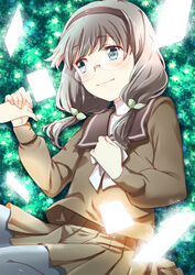  blue_eyes blush brown_hair card commentary_request crying crying_with_eyes_open female glasses hair_ribbon hairband holding_hands light_smile long_hair long_sleeves mitsuki_meia out_of_frame pantyhose photoshop_(medium) ribbon school_uniform selector_wixoss skirt solo_focus tears twintails uemura_hitoe wixoss 