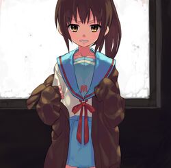  blue_sailor_collar blue_skirt brown_cardigan brown_eyes brown_hair cardigan commentary_request female genderswap_(mtf) kita_high_school_uniform kyonko long_hair long_sleeves open_cardigan open_clothes ponytail red_ribbon ribbon rule_63 s.o_chin sailor_collar school_uniform serafuku skirt solo suzumiya_haruhi_no_yuuutsu wavy_mouth winter_uniform 