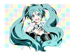  aqua_eyes aqua_hair bad_id bad_pixiv_id chonnbo female hatsune_miku headset heart long_hair looking_at_viewer open_mouth smile solo twintails vocaloid 