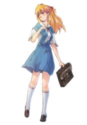  bag blue_eyes bow commentary_request female kneehighs korosuke1 long_hair neon_genesis_evangelion orange_hair ribbon school_uniform shoes socks solo souryuu_asuka_langley 