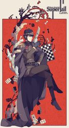  1boy ace_(playing_card) ace_of_clubs belt bishop_(chess) black_gloves black_hair bone cape card chess_piece chessboard club_(shape) commentary_request epaulettes five_of_hearts four_of_diamonds glasses gloves hat highres king_(chess) male_focus military military_hat military_uniform pawn_(chess) playing_card rook_(chess) solo superjail the_warden_(superjail) thorns three_of_clubs uniform wenny02 