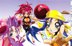  1990s_(style) 3girls bloodberry blue_eyes blue_hair breasts cherry_(saber_j) duplicate gloves green_eyes kotobuki_tsukasa large_breasts lime_(saber_j) long_hair multiple_girls official_art photoshop_(medium) pink_hair purple_hair red_eyes retro_artstyle saber_marionette_j 