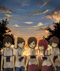  2girls 3boys aki-t akizuki_maria aonuma_shun asahina_satoru bad_id bad_pixiv_id commentary_request highres itou_mamoru multiple_boys multiple_girls shin_sekai_yori sky sunset watanabe_saki 