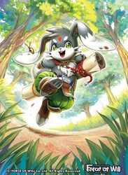  animal_ears bad_id bad_twitter_id boots copyright_name earrings facial_mark force_of_will forehead_mark grass green_eyes jewelry necklace official_art open_mouth rabbit_ears rabbit_tail sakuma_sanosuke scroll solo sparkle tail teeth tree 