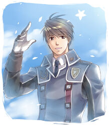  1boy brown_eyes brown_hair commentary_request gloves male_focus military military_uniform photoshop_(medium) satsuki_yuu_(awairo) senjou_no_valkyria_(series) solo uniform welkin_gunther 