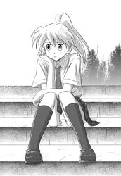  bored commentary_request female greyscale highres lielos monochrome necktie original panties pantyshot poniko_(lielos) school_uniform sitting sitting_on_stairs skirt socks solo stairs underwear upskirt 