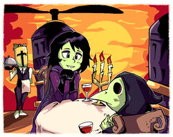  2boys alcohol black_hair candelabra candle candlestand cape colored_skin commentary couple cup dating dinner drinking_glass english_commentary eyeshadow female gloves green_skin grey_eyes head_rest helmet hood makeup mask mona_(shovel_knight) multiple_boys nervous photoshop_(medium) plague_doctor plague_doctor_mask plague_knight propeller_knight setz short_hair shovel_knight smile straight sunset table towel tray twiddling_fingers vest waiter wine wine_glass 