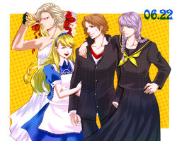  4boys blonde_hair brown_eyes brown_hair chiru_(sanifani) commentary_request crossdressing grey_eyes grey_hair hanamura_yousuke kuma_(persona_4) multiple_boys narukami_yuu persona persona_4 tatsumi_kanji 