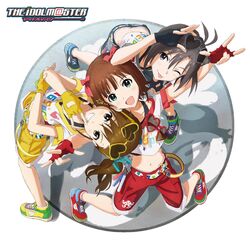  3girls :d :p ahoge album_cover amami_haruka antenna_hair bare_legs belt black_eyes black_hair blush bow brown_eyes brown_hair cover fingerless_gloves futami_mami gloves green_eyes grin hair_ribbon hairbow hands_on_own_head heart highres idolmaster idolmaster_(classic) jumping kikuchi_makoto leaning leaning_forward matsuo_yuusuke midriff multiple_girls navel official_art one_eye_closed open_mouth ribbon scan shoes short_hair shorts side_ponytail smile sneakers star_(symbol) street_hopper_(idolmaster) sunglasses tongue tongue_out upside-down 