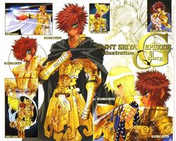  armor cape illustration leo_aiolia okada_megumu red_hair saint_seiya saint_seiya_episode_g 